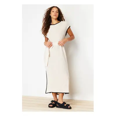 Trendyol Beige Maxi Knitwear Belted Color Block Dress