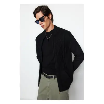 Trendyol Black Slim Fit Wool Knit Detailed Zippered Pocket Knitwear Cardigan