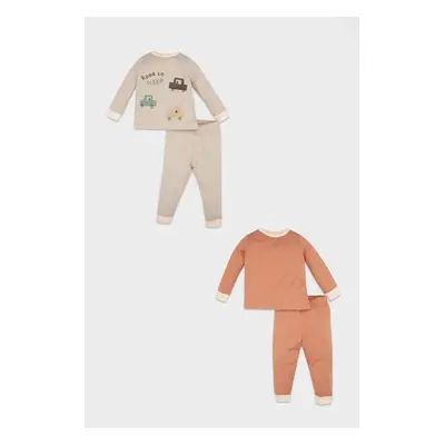 DEFACTO Baby Boy 4-Piece Pajama Set Vehicle Printed Combed Cotton Long Sleeve Top Elastic Waist 