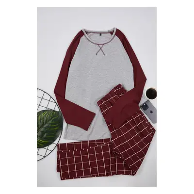 Trendyol Claret Red - Gray Men's Regular Fit Raglan Sleeve Checked Knitted Pajama Set