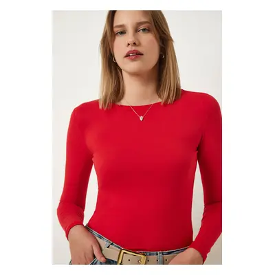 Happiness İstanbul Women's Red Crew Neck Basic Viscose Knitted Blouse