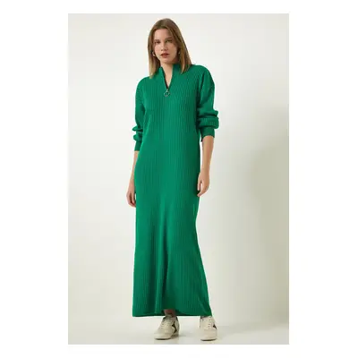 Happiness İstanbul Women's Green Zipper Collar Ribbed Long Knitwear Dress