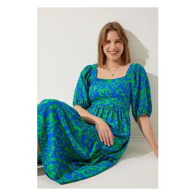 Happiness İstanbul Women's Blue Green Square Collar Balloon Sleeve Viscose Dress