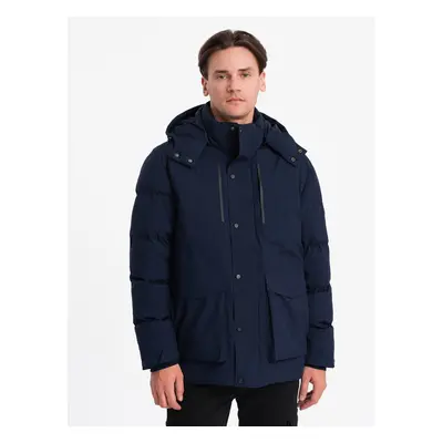 Ombre Men's winter jacket with detachable hood and cargo pockets - navy blue