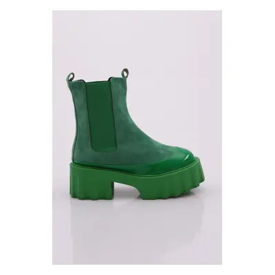 DGN Es804 Women's Thick Sole Stretch Detailed Heeled Boots GREEN SUEDE GREEN PATENT LEATHER