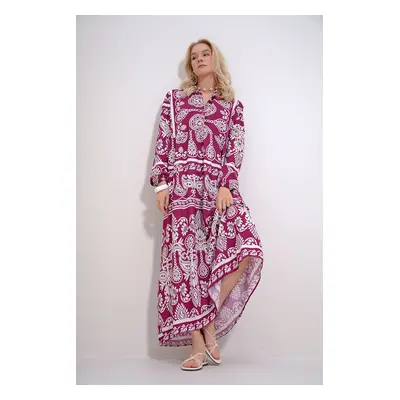 Trend Alaçatı Stili Women's Pink Robe Button Detailed Flounce Patterned Woven Viscose Dress