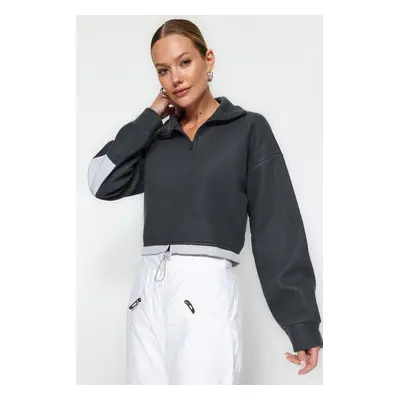 Trendyol Anthracite Crop Parachute Detailed Polo Neck Zipper Stopper Fleece Knitted Sweatshirt