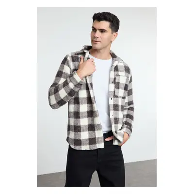 Trendyol Black Unisex Fit Welsoft Plush Winter Plaid Shirt Jacket