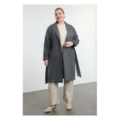 Trendyol Curve Grey Oversize Fit Waist Belted Cashmere Woven Coat