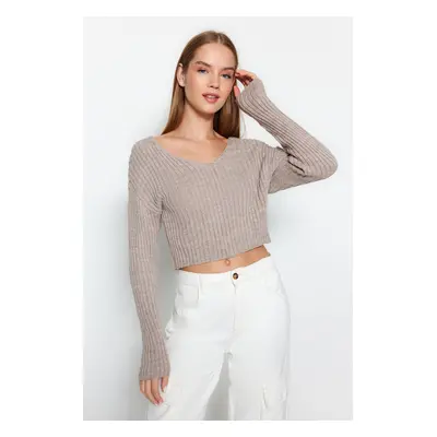 Trendyol Mink Crop Basic Pletený Svetr Výstřihem do V