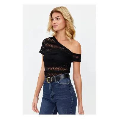 Trendyol Black Lace Asymmetric Neck Fitted/Situated Knitted Blouse