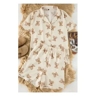 Trendyol Curve Beige Teddy Bear Patterned Shirt Collar Viscose Woven Pajama Set