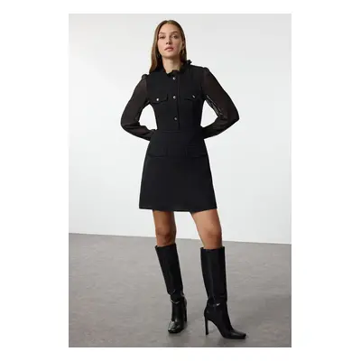 Trendyol Black Chiffon Detailed Sleeve Skater/Waist Opening Stand Collar Tweed Mini Woven Dress