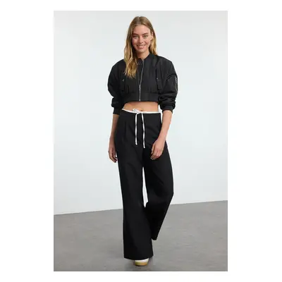 Trendyol Black Waist Detailed Full Mold Thick Fabric Wide Leg Trousers