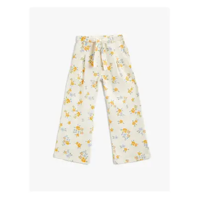 Koton Linen Spanish Leg Trousers with Floral Waist Belt