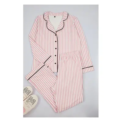 Trendyol Curve Pink Stripe Patterned Piped Fleece Lined Shirt-Pants Knitted Pajama Set