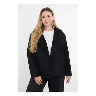 Trendyol Curve Black Regular Fit Double Breasted Closure Wool Blend Stretch Coat