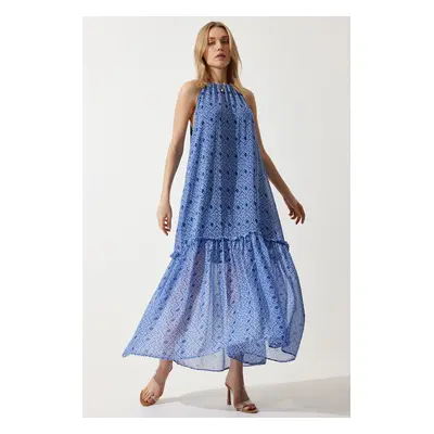 Happiness İstanbul Women's Blue Halter Collar Loose Summer Chiffon Dress