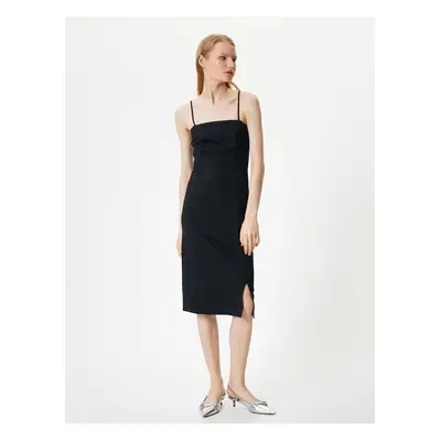 Koton Midi Length Viscose Dress with Thin Straps and Slit Detail