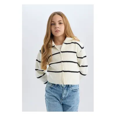 DEFACTO Girl's Striped Zippered Knitwear Cardigan