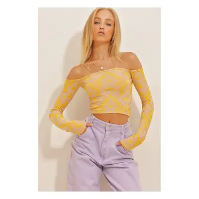 Trend Alaçatı Stili Women's Yellow Lilac Rope Strap Detailed Long Sleeve Patterned Crop Knitted 