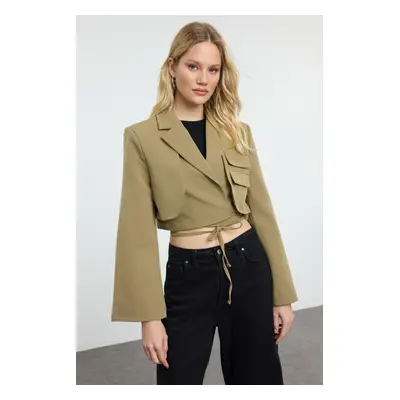 Trendyol Light Khaki Crop Lined Double Breasted Closure Woven Blazer Jacket