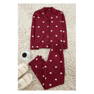 Trendyol Claret Red 100% Cotton Heart Patterned Knitted Pajama Set