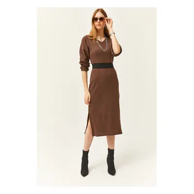 Olalook Women's Brown V Case Side Slit Thick Ribbed Dress