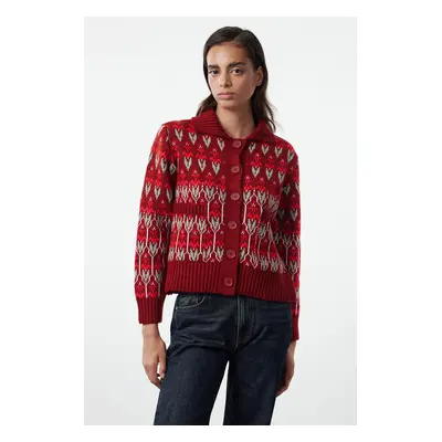 Trendyol Claret Red Soft Texture Polo Collar Patterned Knitwear Cardigan