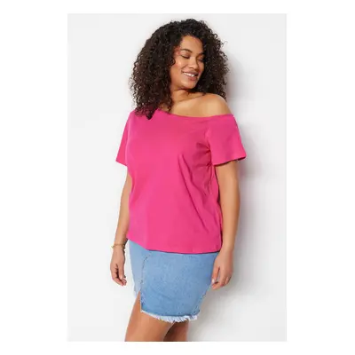 Trendyol Curve Fuchsia Drop Shoulder Detailed 100% Cotton Knitted Blouse