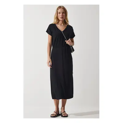 Happiness İstanbul Women's Black Belted V Neck Viscose Dress