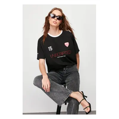 Trendyol Black Oversize Slogan Printed Knitted T-Shirt