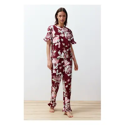 Trendyol Claret Red-Multicolored 100% Cotton Floral Ruffle Detailed Knitted Pajama Set