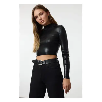 Trendyol Black Crop Basic Foil Printed Knitwear Sweater