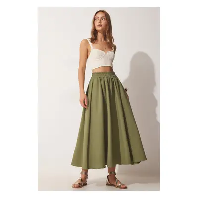 Happiness İstanbul Women's Khaki Pocket Linen Flared Skirt