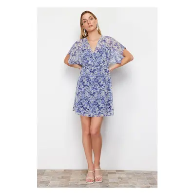 Trendyol Blue Floral Print A-line Double Breasted Collar Lined Chiffon Mini Woven Dress