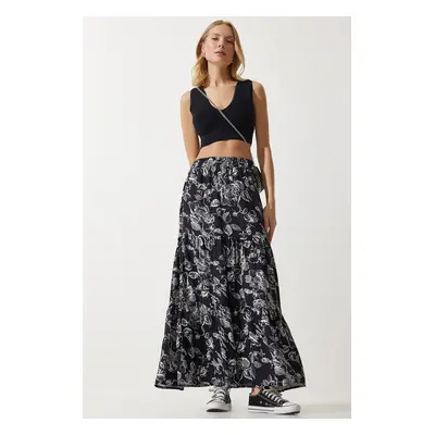 Happiness İstanbul Women's Black Floral Patterned Flounce Viscose Skirt