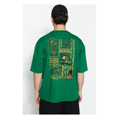 Trendyol Green Oversize/Wide Cut 100% Cotton Back Printed Short Sleeve T-Shirt