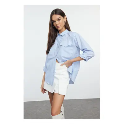 Trendyol Blue Padding Detailed Striped Pocket Flap Oversize Wide Fit Shirt