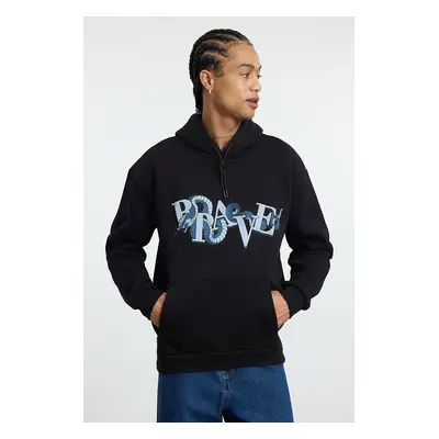 Trendyol Black Oversize/Wide Cut Hooded Puffy Print Fleece/Warm Sweatshirt