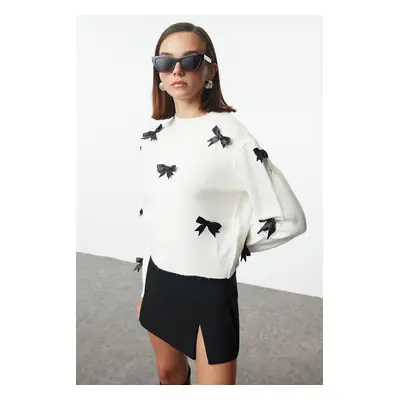 Trendyol Ecru Soft Texture Ribbon/Bow Detailed Knitwear Sweater