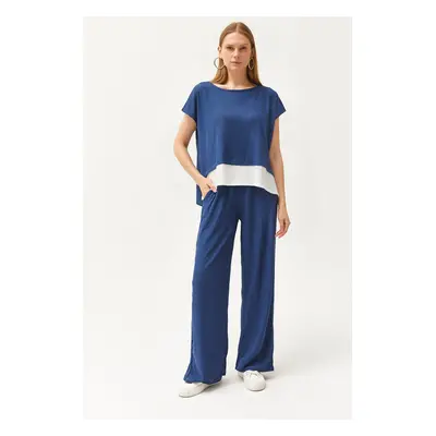 Olalook Women's Indigo Top Blouse Bottom Trousers Suit