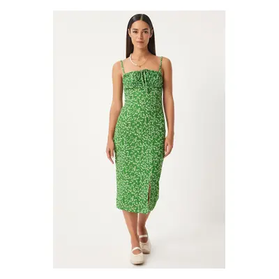 Happiness İstanbul Women's Vivid Green and White Floral Slit Summer Knitted Dress