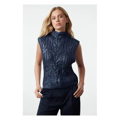 Trendyol Navy Blue Foil Printed Knit Sweater