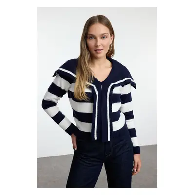 Trendyol Navy Blue Crop Soft Texture Shawl Collar Striped Knitwear Sweater