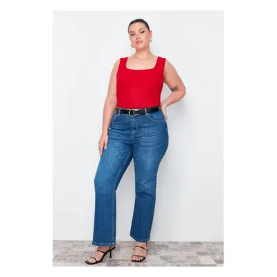 Trendyol Curve Red Basic Ribbed Square Neck Knit Plus Size Undershirt