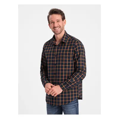 Ombre Men's plaid flannel shirt SLIM FIT - navy blue and orange