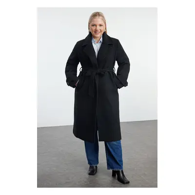 Trendyol Curve Black Regular Fit Wide Collar Detailed Long Wool Blend Cashew Coat