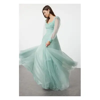 Trendyol Mint A-Cut Woven Long Elegant Evening Dress