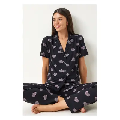 Happiness İstanbul Women's Black Heart Shirt Trousers Pajama Set